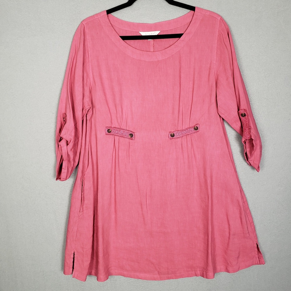 Kleen Roll Tab Tunic Top Pink Linen A-line Coastal Resortwear Beachy Size S